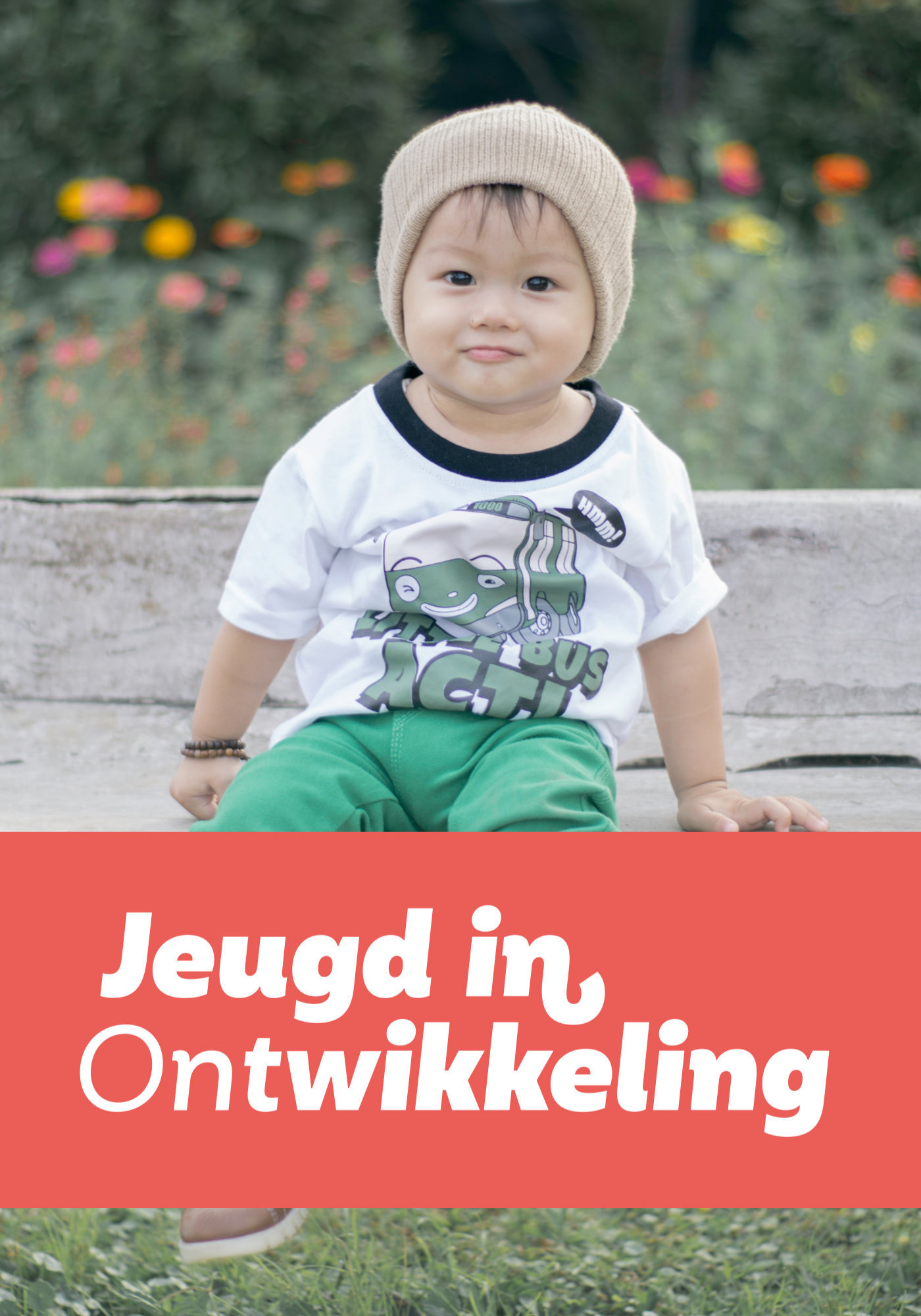 Omslag van 2024. Het logo van Jeugd in Ontwikkeling is te zien (witte tekst op een rode achtergrond) en op de achtergrond zit een jong kindje op een parkbankje.