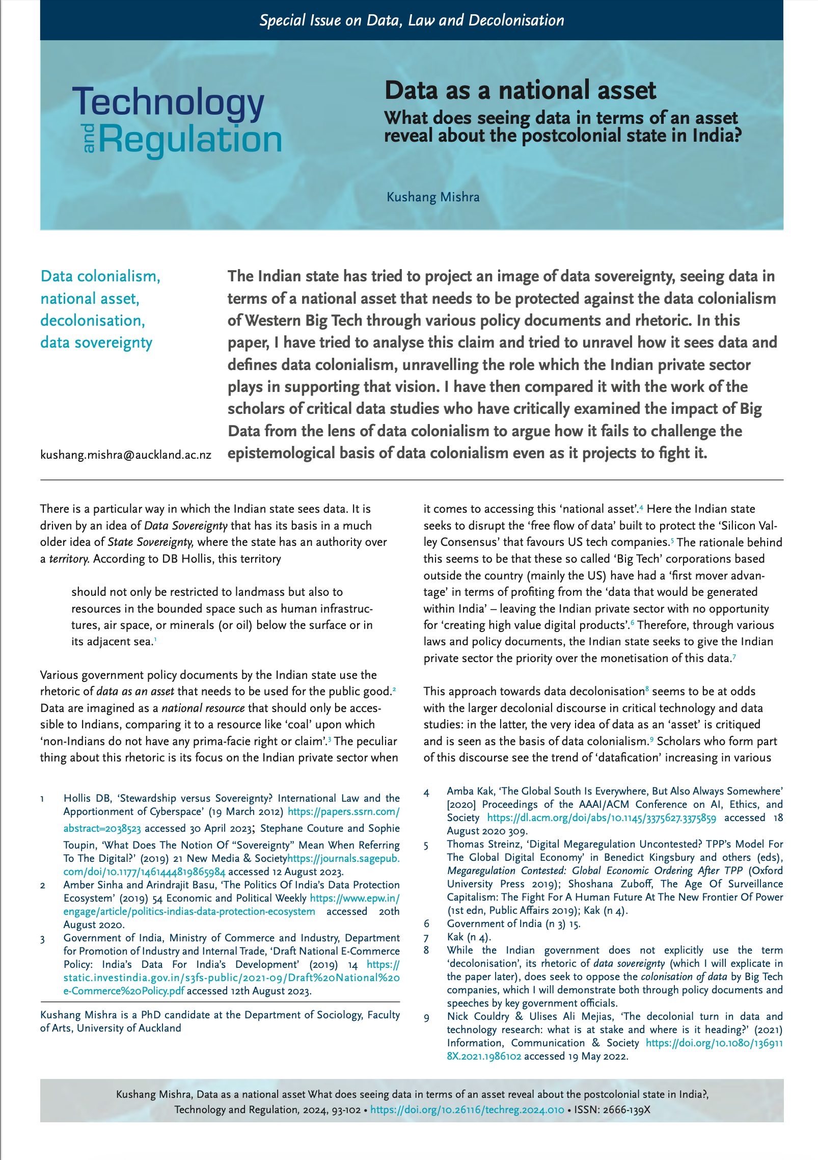 TechReg special issue on Data, Law and Decolonisation front cover: Data as a national asset