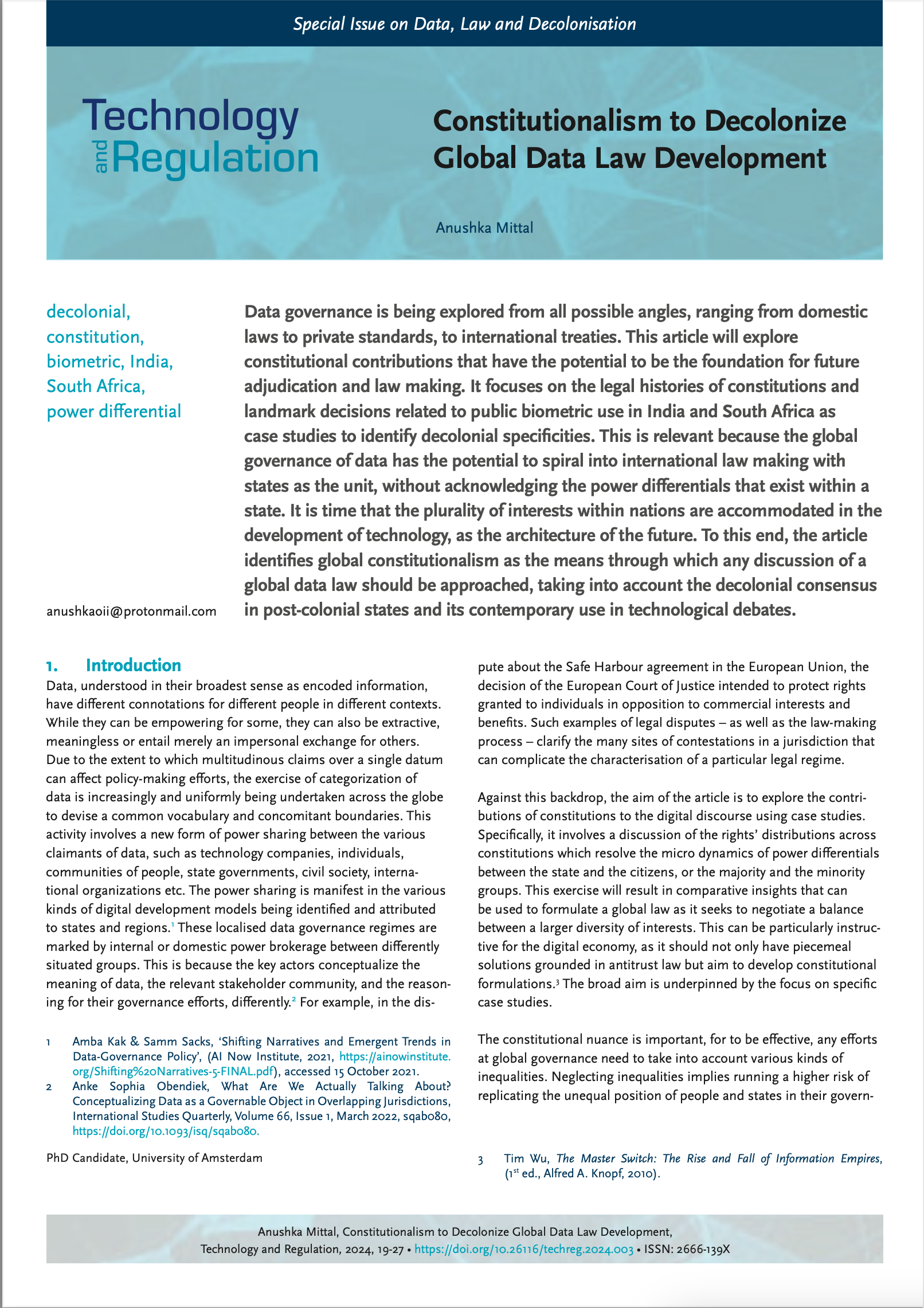 TechReg special issue on Data, Law and Decolonisation, Anushka Mittal