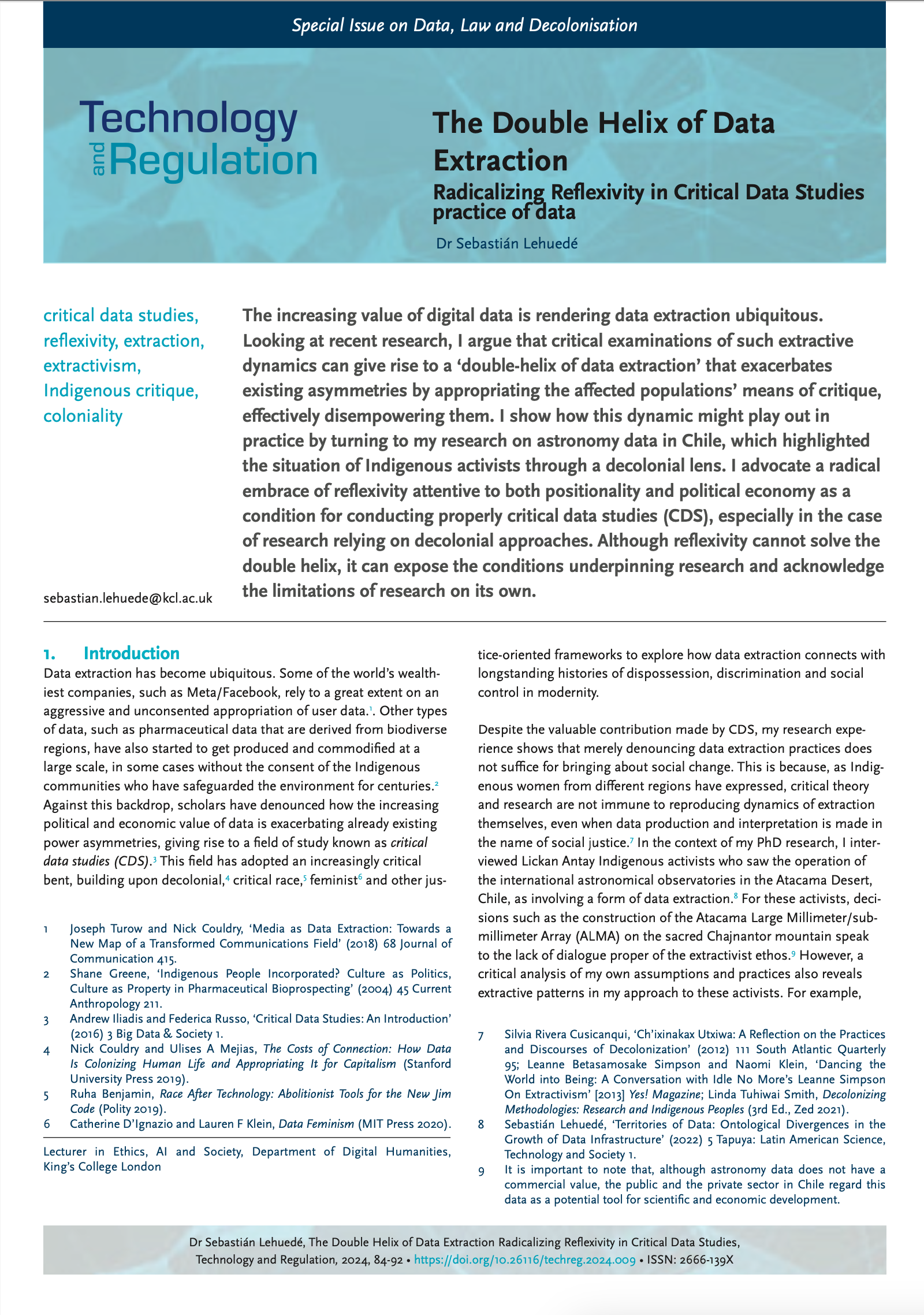 TechReg special issue on Data, Law and Decolonisation front cover: The Double Helix of Data Extraction