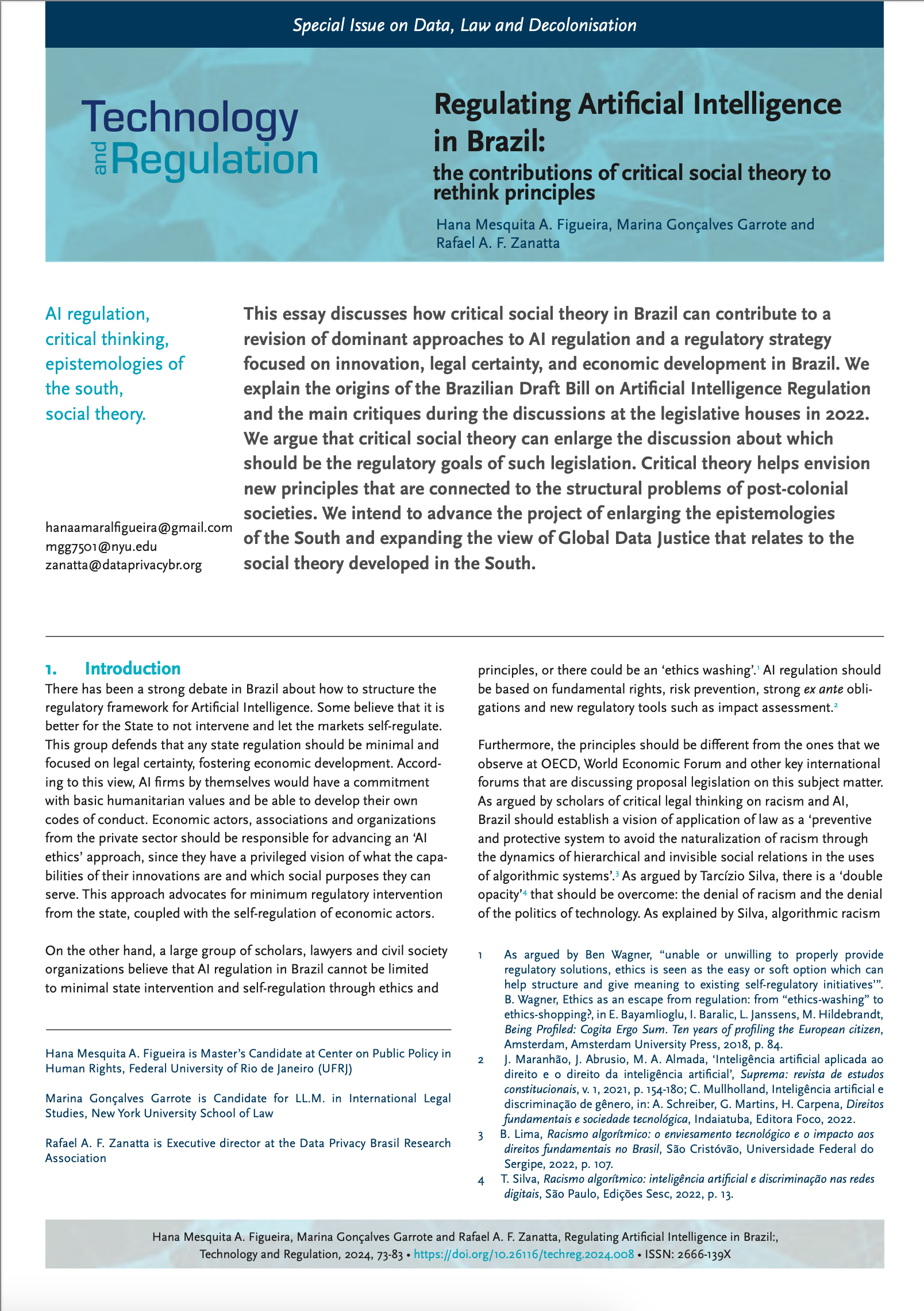 TechReg special issue on Data, Law and Decolonisation front cover: Regulating Artificial Intelligence in Brazil