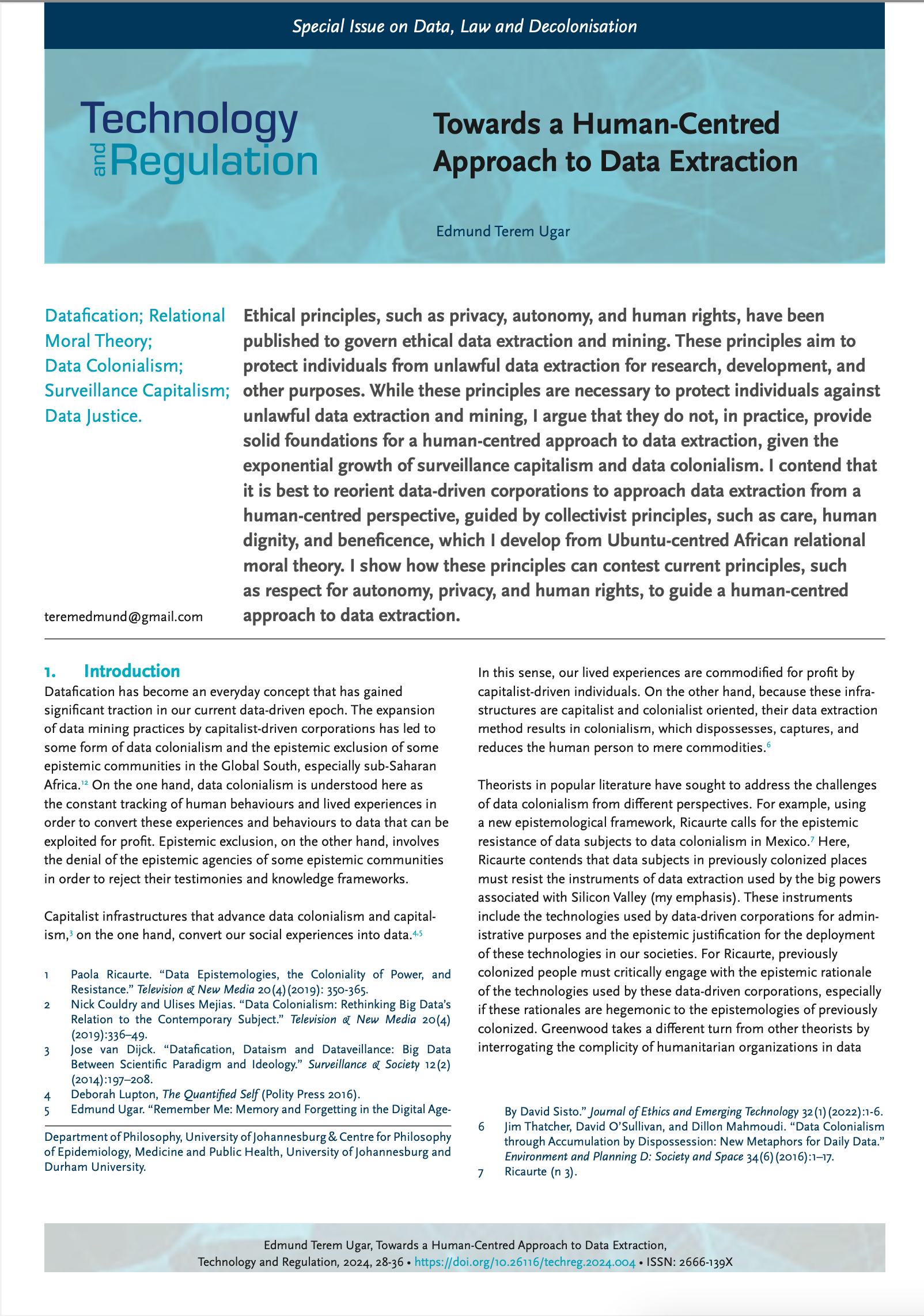 TechReg special issue on Data, Law and Decolonisation front cover: Towards a Human-Centred Approach to Data Extraction