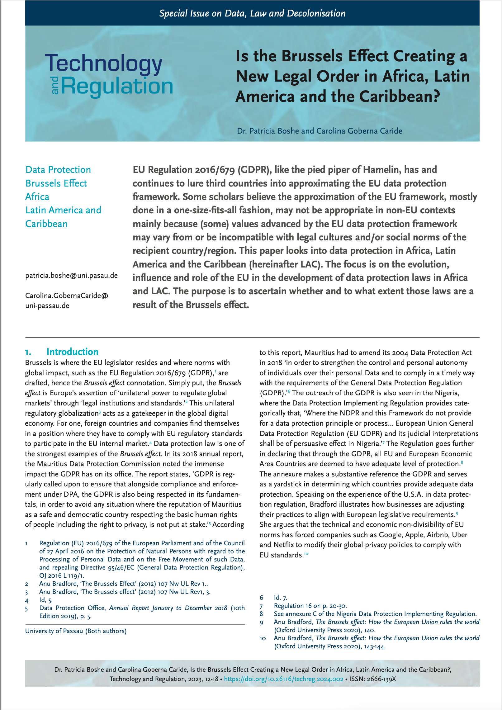 TechReg special issue on Data, Law and Decolonisation front cover: Is the Brussels Effect Creating a New Legal Order in Africa, Latin America and the Caribbean? 