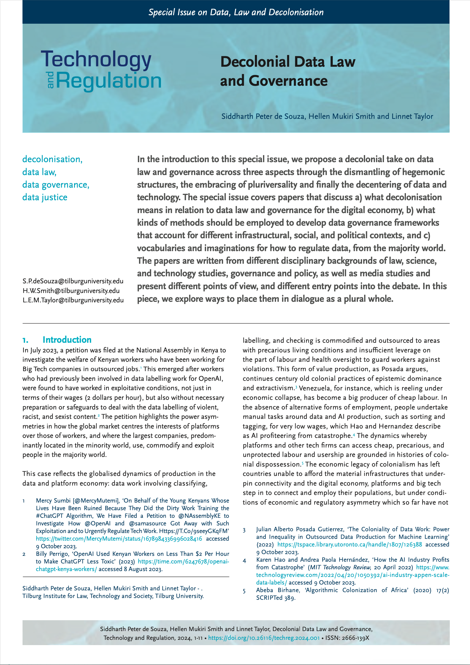 Introduction to the TechReg special issue on Data, Law and Decolonisation