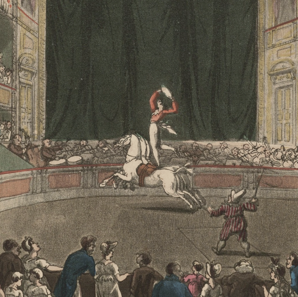 "Astley’s Amphitheatre" [detail] coloured plate from Microcosm of London, 1808. Wikimedia Commons