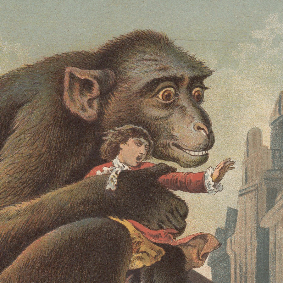 Gulliver in the land Brobdingnag. A monkey kidnapped Gulliver on a roof. Lithograph after a water color by Carl Offterdinger from "Gulliver’s Travels", published c. 1880. Source: Getty Images