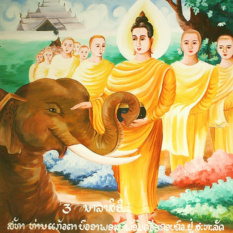 Buddha with the Elephant Nalagiri (Wikimedia Commons)